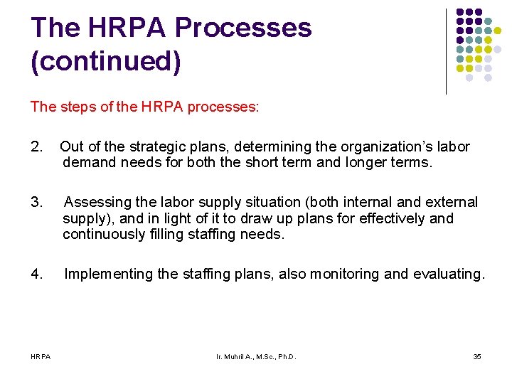 The HRPA Processes (continued) The steps of the HRPA processes: 2. Out of the