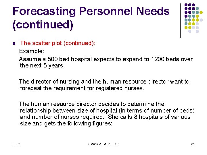 Forecasting Personnel Needs (continued) l The scatter plot (continued): Example: Assume a 500 bed