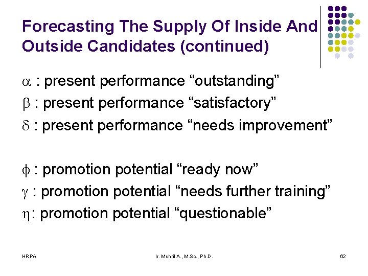 Forecasting The Supply Of Inside And Outside Candidates (continued) a : present performance “outstanding”