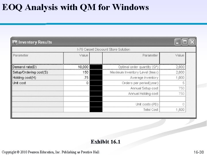 EOQ Analysis with QM for Windows Exhibit 16. 1 Copyright © 2010 Pearson Education, EOQ Analysis with QM for Windows Exhibit 16. 1 Copyright © 2010 Pearson Education,