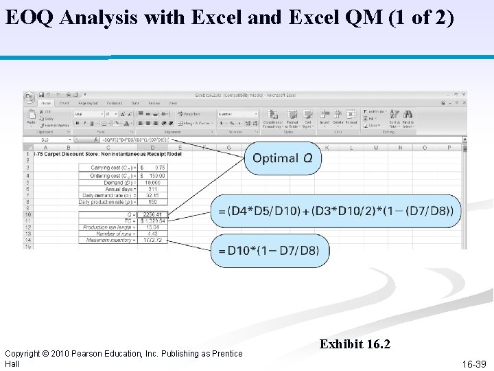 EOQ Analysis with Excel and Excel QM (1 of 2) Copyright © 2010 Pearson