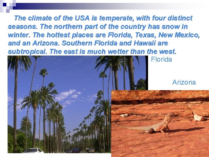 The climate of the USA is temperate, with four distinct seasons. The northern part