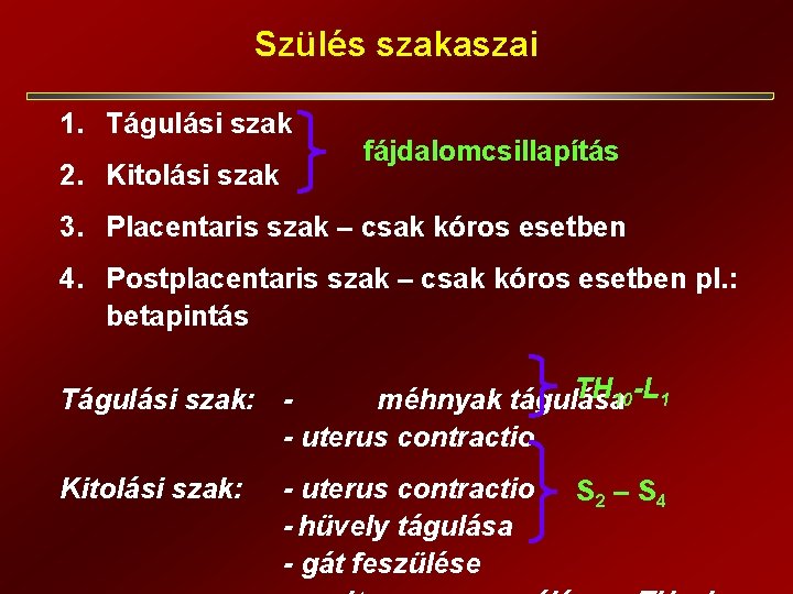 Szülés szakaszai 1. Tágulási szak 2. Kitolási szak fájdalomcsillapítás 3. Placentaris szak – csak