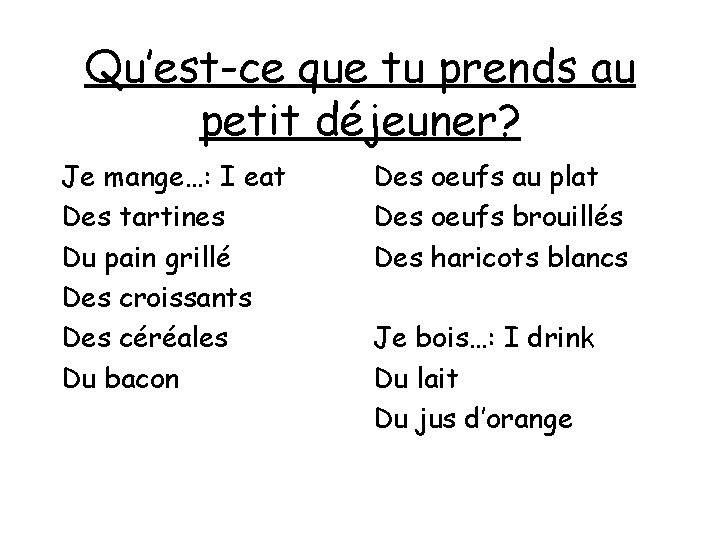 Qu’est-ce que tu prends au petit déjeuner? Je mange…: I eat Des tartines Du