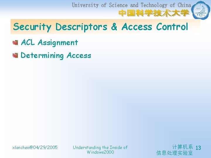 Security Descriptors & Access Control ACL Assignment Determining Access xlanchen@04/29/2005 Understanding the Inside of
