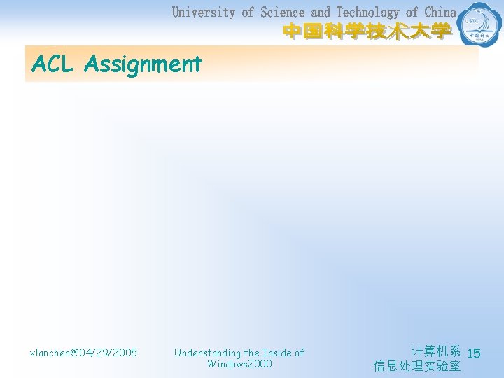 ACL Assignment xlanchen@04/29/2005 Understanding the Inside of Windows 2000 计算机系 15 信息处理实验室 