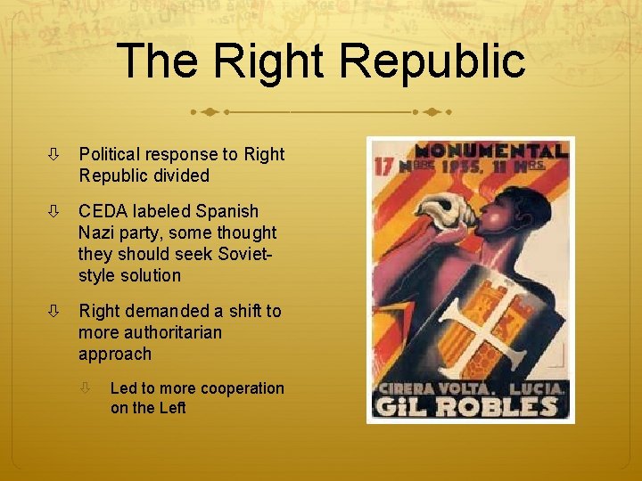 The Right Republic Political response to Right Republic divided CEDA labeled Spanish Nazi party,