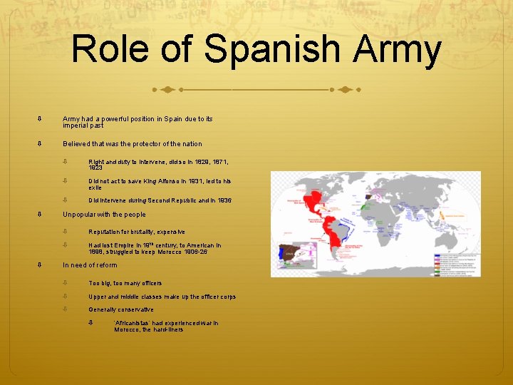 Role of Spanish Army had a powerful position in Spain due to its imperial