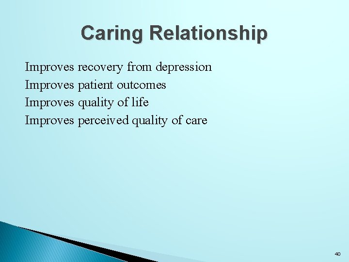 Caring Relationship Improves recovery from depression Improves patient outcomes Improves quality of life Improves