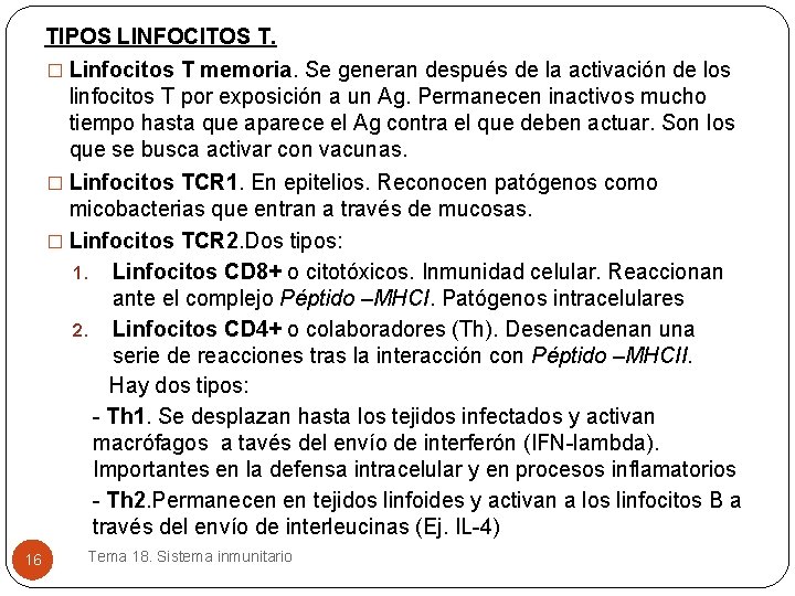 TIPOS LINFOCITOS T. � Linfocitos T memoria. Se generan después de la activación de TIPOS LINFOCITOS T. � Linfocitos T memoria. Se generan después de la activación de