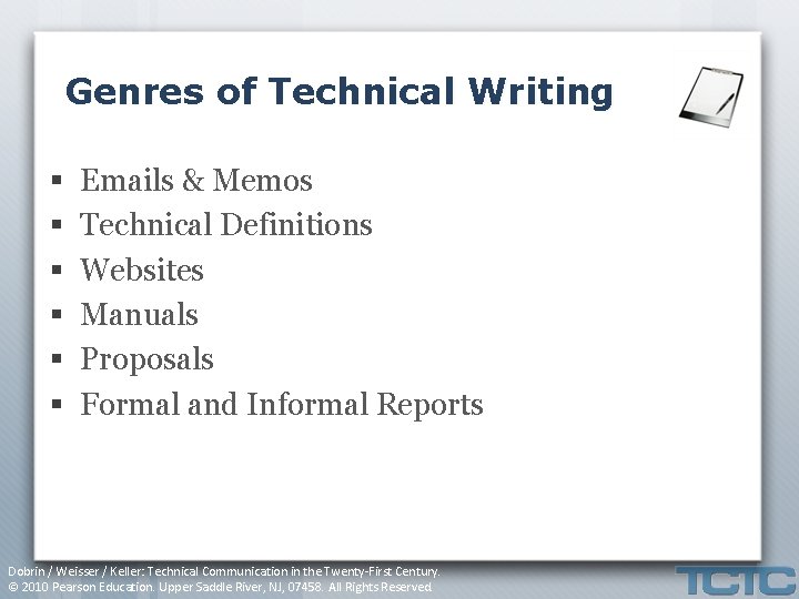 Genres of Technical Writing § § § Emails & Memos Technical Definitions Websites Manuals