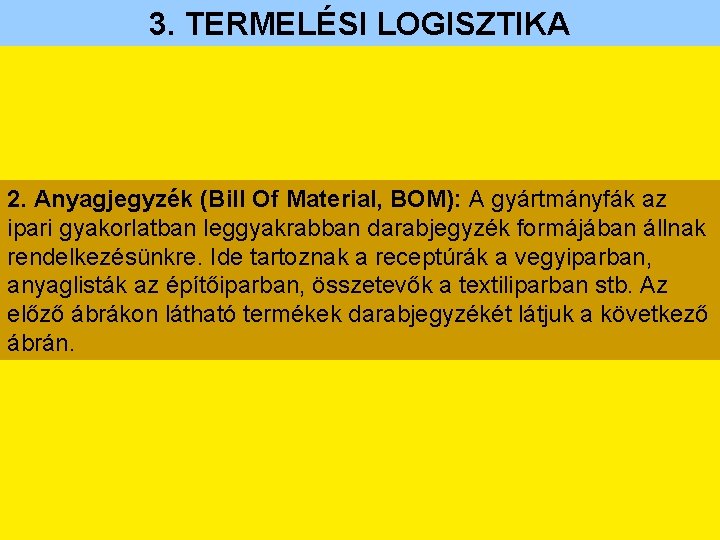 3. TERMELÉSI LOGISZTIKA 2. Anyagjegyzék (Bill Of Material, BOM): A gyártmányfák az ipari gyakorlatban
