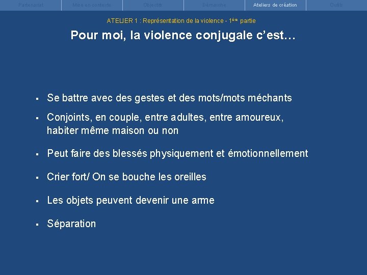 Partenariat Mise en contexte Objectifs Démarche Ateliers de création ATELIER 1 : Représentation de