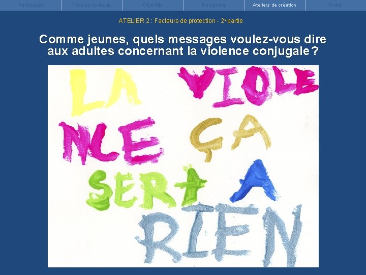 Partenariat Mise en contexte Objectifs Démarche Ateliers de création ATELIER 2 : Facteurs de