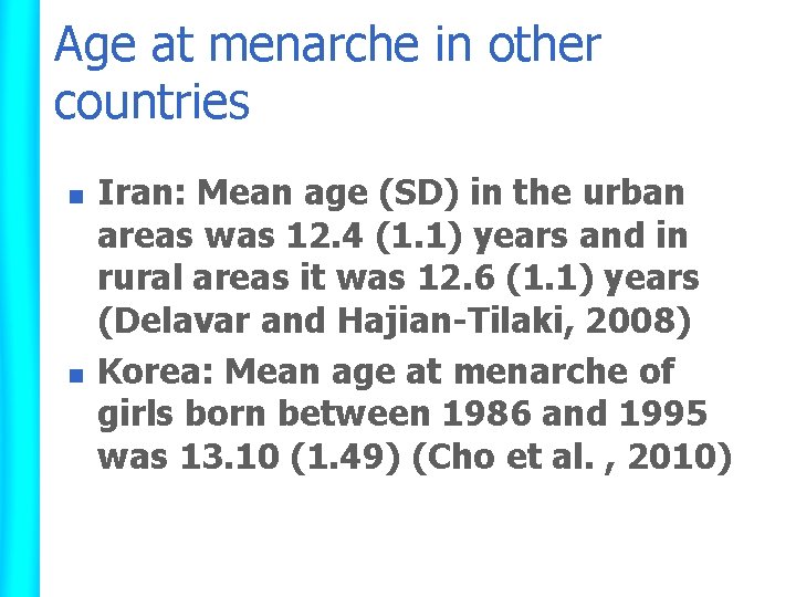 Age at menarche in other countries n n Iran: Mean age (SD) in the