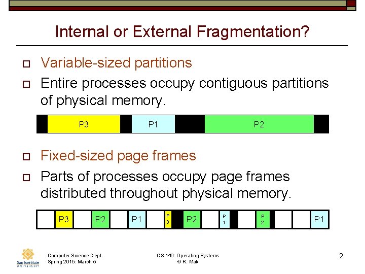 Internal or External Fragmentation? o o Variable-sized partitions Entire processes occupy contiguous partitions of Internal or External Fragmentation? o o Variable-sized partitions Entire processes occupy contiguous partitions of
