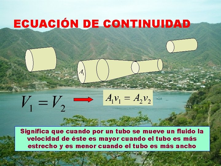 ECUACIÓN DE CONTINUIDAD Significa que cuando por un tubo se mueve un fluido la