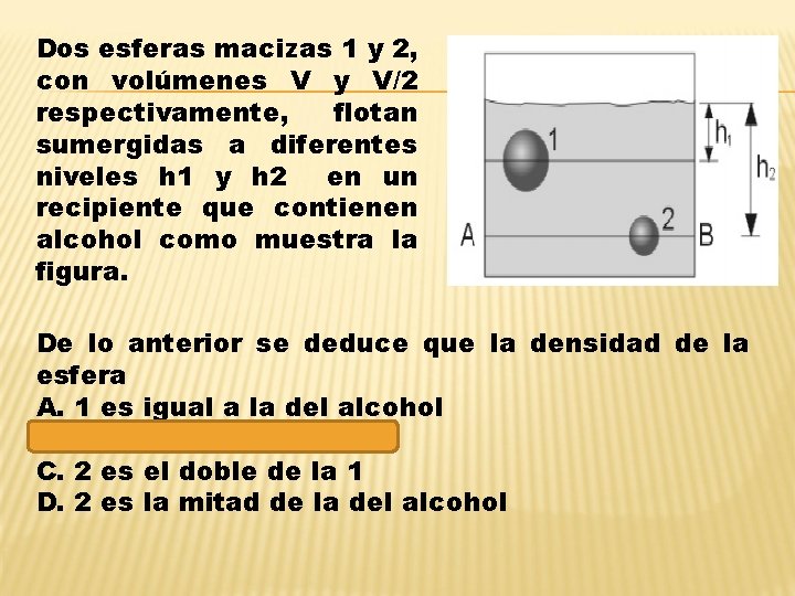 Dos esferas macizas 1 y 2, con volúmenes V y V/2 respectivamente, flotan sumergidas