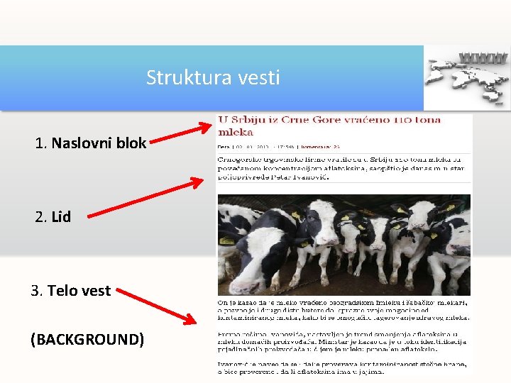 Struktura vesti 1. Naslovni blok 2. Lid 3. Telo vest (BACKGROUND) 