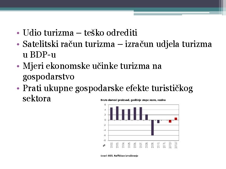  • Udio turizma – teško odrediti • Satelitski račun turizma – izračun udjela