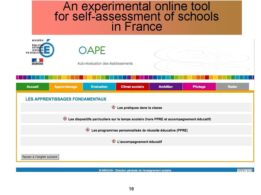 An experimental online tool for self-assessment of schools in France 18 