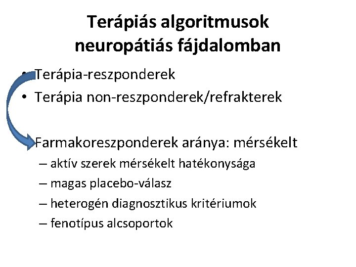 Terápiás algoritmusok neuropátiás fájdalomban • Terápia-reszponderek • Terápia non-reszponderek/refrakterek • Farmakoreszponderek aránya: mérsékelt –