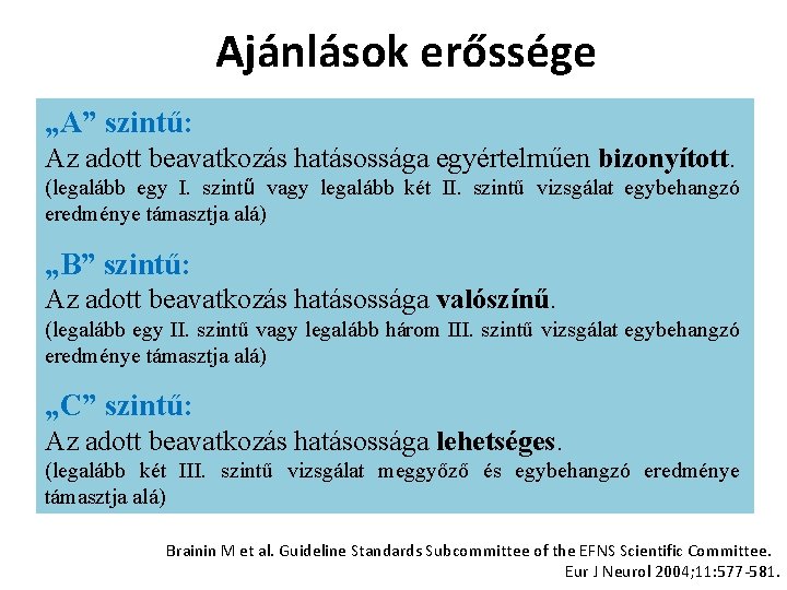 Ajánlások erőssége „A” szintű: Az adott beavatkozás hatásossága egyértelműen bizonyított. (legalább egy I. szintű