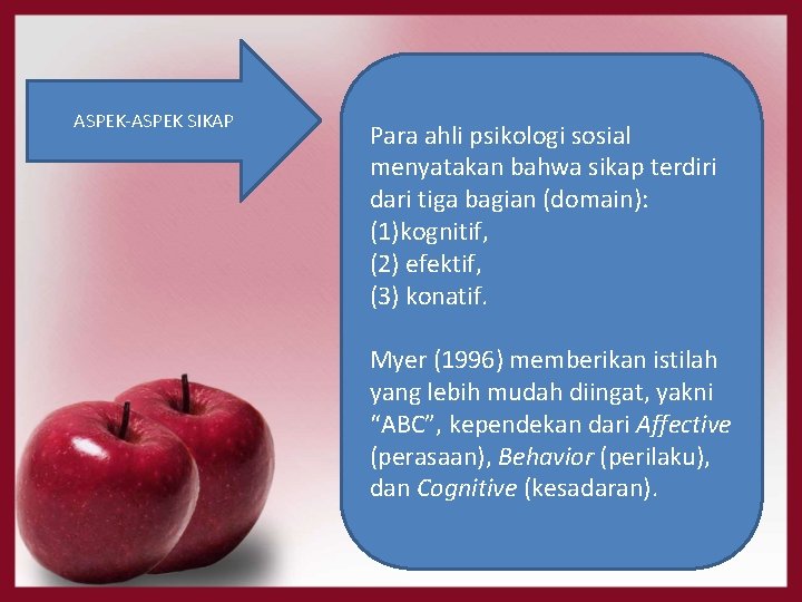 ASPEK-ASPEK SIKAP Para ahli psikologi sosial menyatakan bahwa sikap terdiri dari tiga bagian (domain):