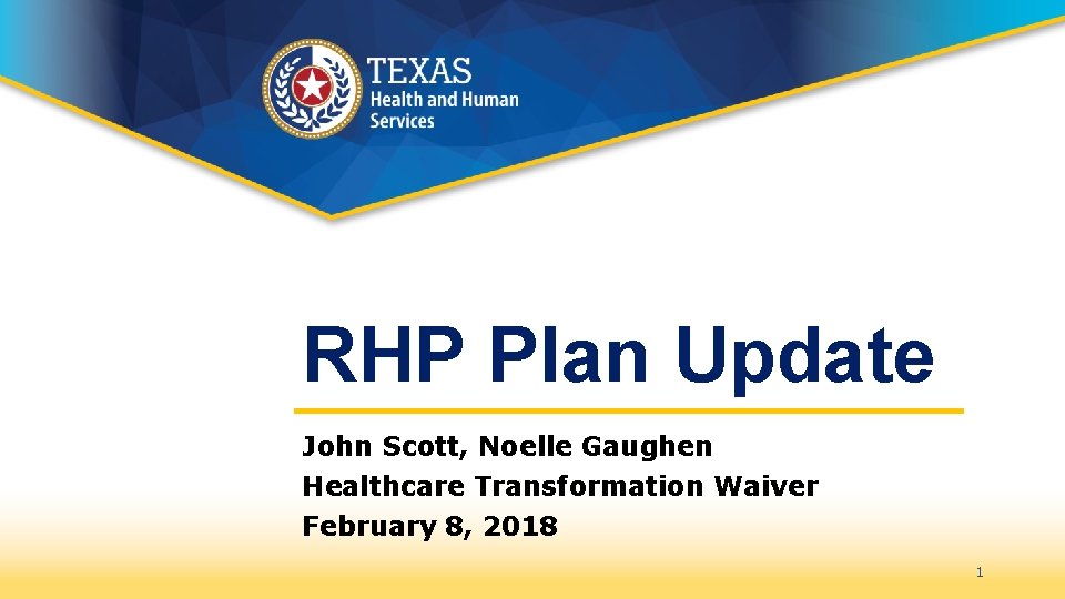 RHP Plan Update John Scott, Noelle Gaughen Healthcare Transformation Waiver February 8, 2018 1