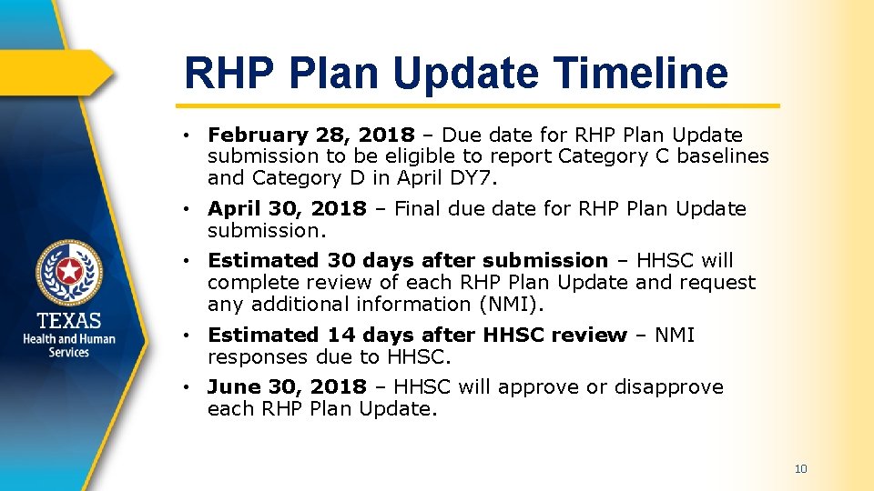 RHP Plan Update Timeline • February 28, 2018 – Due date for RHP Plan