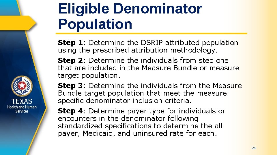 Eligible Denominator Population Step 1: Determine the DSRIP attributed population using the prescribed attribution