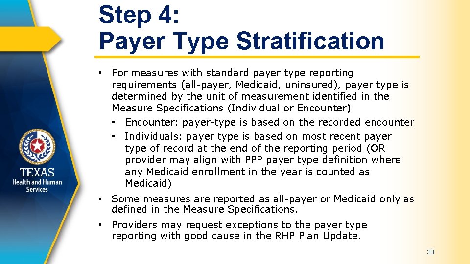 Step 4: Payer Type Stratification • For measures with standard payer type reporting requirements