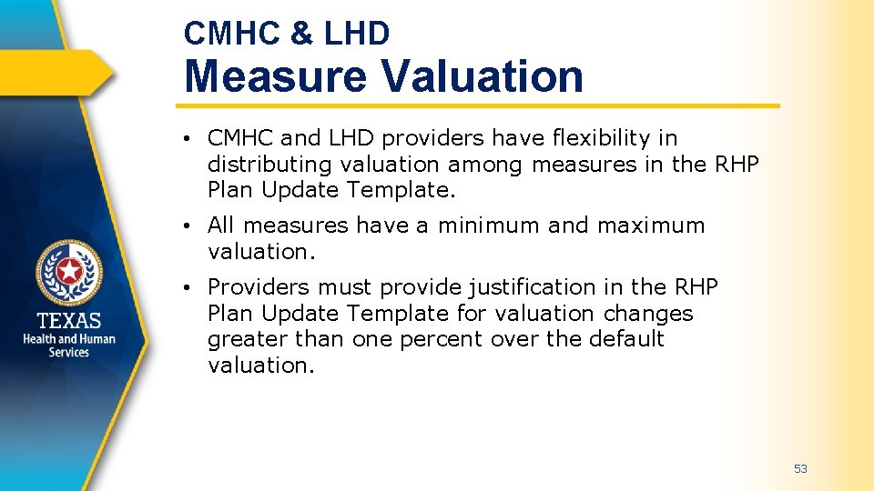 CMHC & LHD Measure Valuation • CMHC and LHD providers have flexibility in distributing