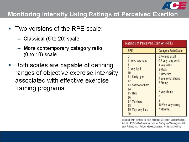 Monitoring Intensity Using Ratings of Perceived Exertion § Two versions of the RPE scale: