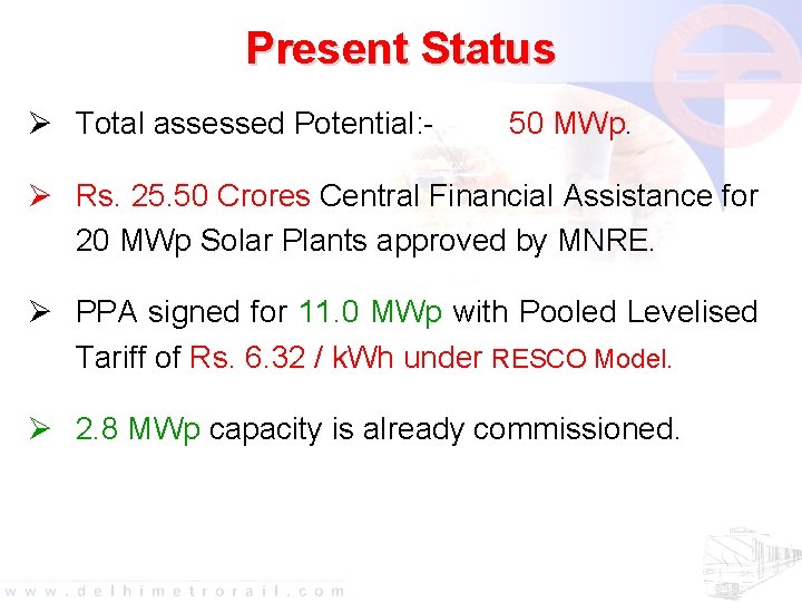 Present Status Ø Total assessed Potential: - 50 MWp. Ø Rs. 25. 50 Crores