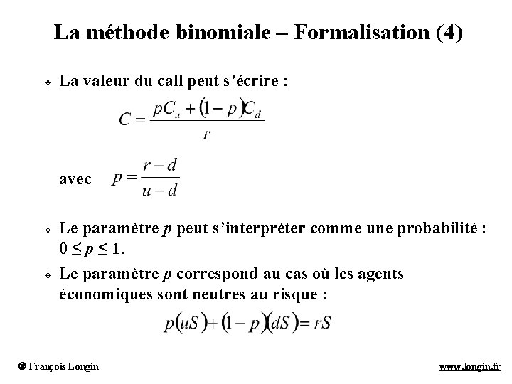 La méthode binomiale – Formalisation (4) v La valeur du call peut s’écrire : La méthode binomiale – Formalisation (4) v La valeur du call peut s’écrire :