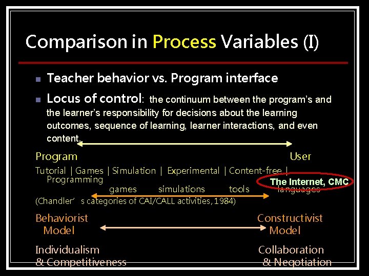 Comparison in Process Variables (I) n Teacher behavior vs. Program interface n Locus of