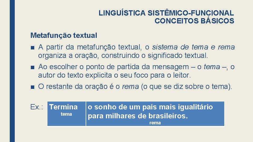 LINGUÍSTICA SISTÊMICO-FUNCIONAL CONCEITOS BÁSICOS Metafunção textual ■ A partir da metafunção textual, o sistema