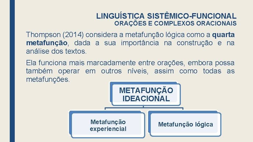 LINGUÍSTICA SISTÊMICO-FUNCIONAL ORAÇÕES E COMPLEXOS ORACIONAIS Thompson (2014) considera a metafunção lógica como a