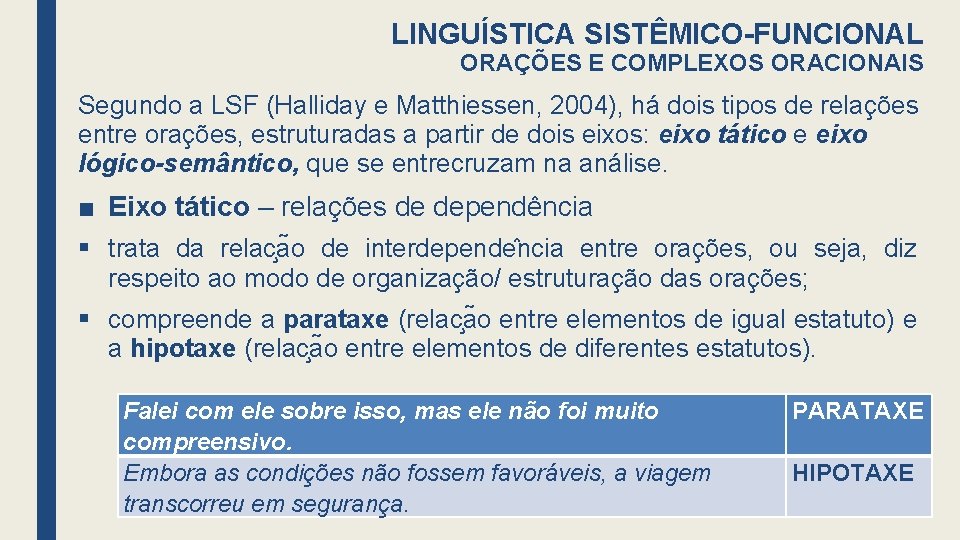 LINGUÍSTICA SISTÊMICO-FUNCIONAL ORAÇÕES E COMPLEXOS ORACIONAIS Segundo a LSF (Halliday e Matthiessen, 2004), há