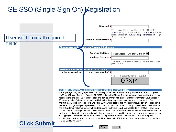 GE SSO (Single Sign On) Registration User will fill out all required fields Click