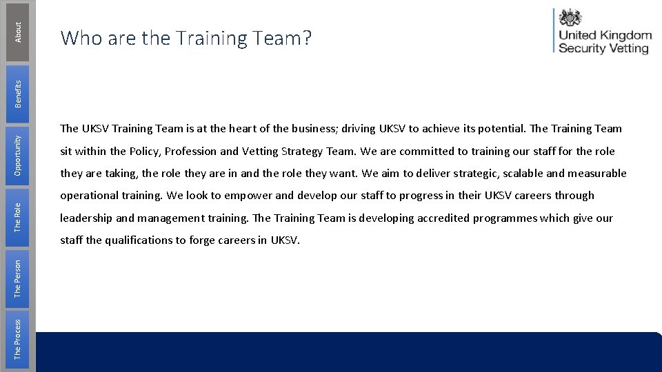 About Opportunity Benefits Who are the Training Team? The UKSV Training Team is at About Opportunity Benefits Who are the Training Team? The UKSV Training Team is at