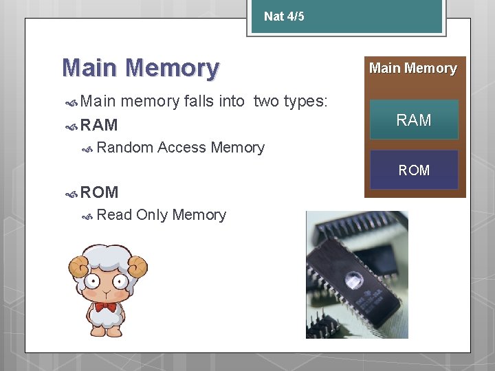Nat 4/5 Main Memory memory falls into two types: RAM Random Access Memory ROM