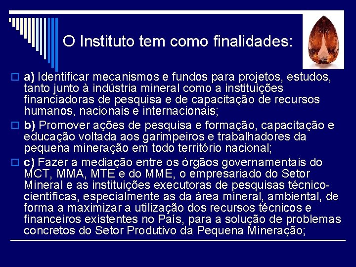 O Instituto tem como finalidades: o a) Identificar mecanismos e fundos para projetos, estudos,