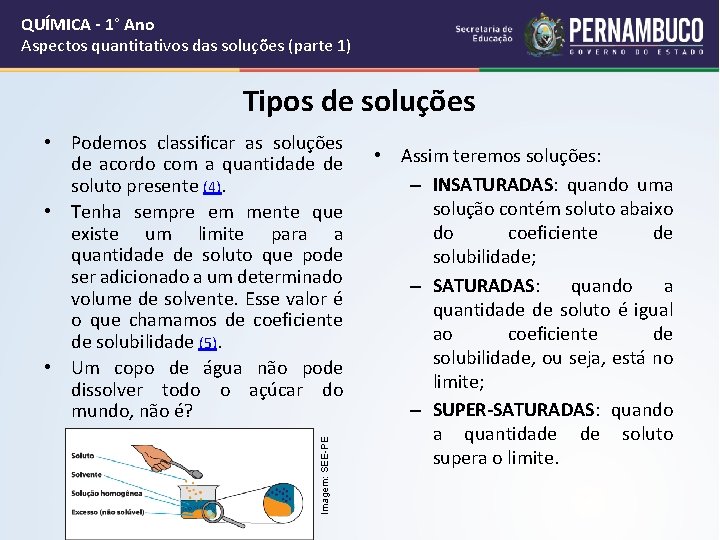 QUÍMICA - 1° Ano Aspectos quantitativos das soluções (parte 1) Tipos de soluções Imagem: