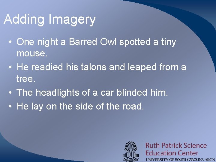 Adding Imagery • One night a Barred Owl spotted a tiny mouse. • He