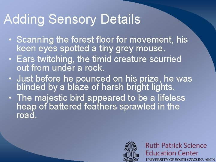 Adding Sensory Details • Scanning the forest floor for movement, his keen eyes spotted