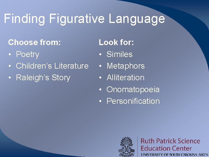 Finding Figurative Language Choose from: • Poetry • Children’s Literature • Raleigh’s Story Look Finding Figurative Language Choose from: • Poetry • Children’s Literature • Raleigh’s Story Look