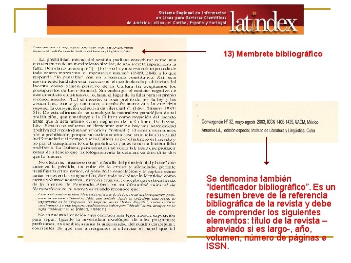 13) Membrete bibliográfico Se denomina también “identificador bibliográfico”. Es un resumen breve de la