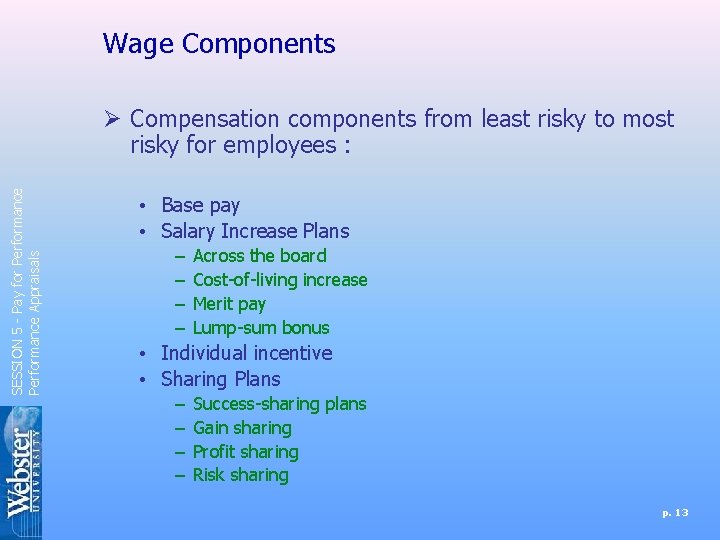 Wage Components SESSION 5 - Pay for Performance Appraisals Ø Compensation components from least
